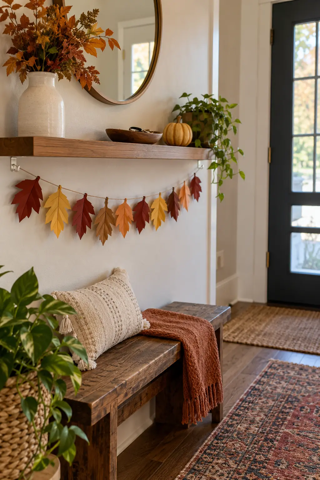 Entry bench beneath floating shelves with pottery, leaves, and restrained Thanksgiving decor