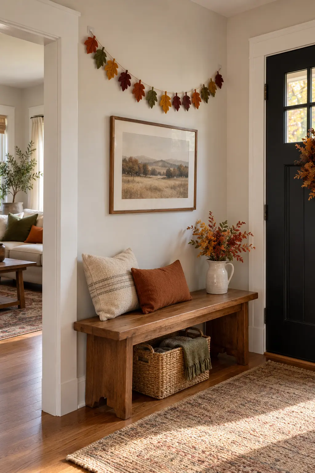 Long wood entry bench with a rust leaf garland, neutral cushions, and a basket