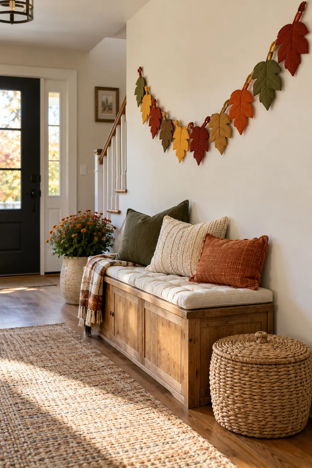 Long entry bench and hallway styled in rust, camel, cream, and natural wood