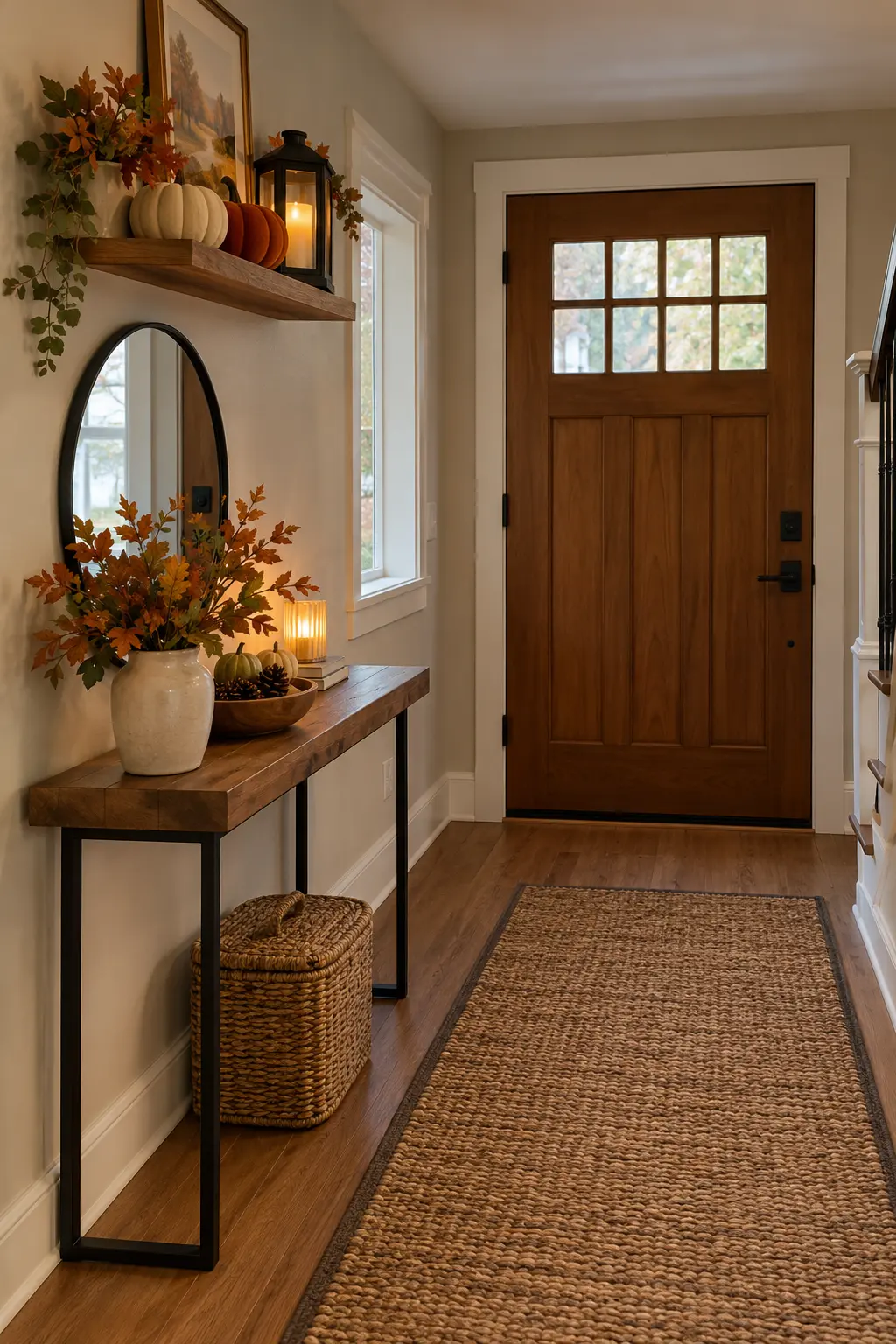 Black metal entry console with amber glass, branches, woven runner, and Thanksgiving accents