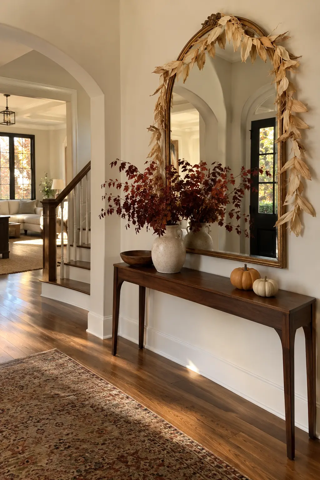 Antique arched mirror with a dried corn-husk garland, walnut console, branches, and pumpkins