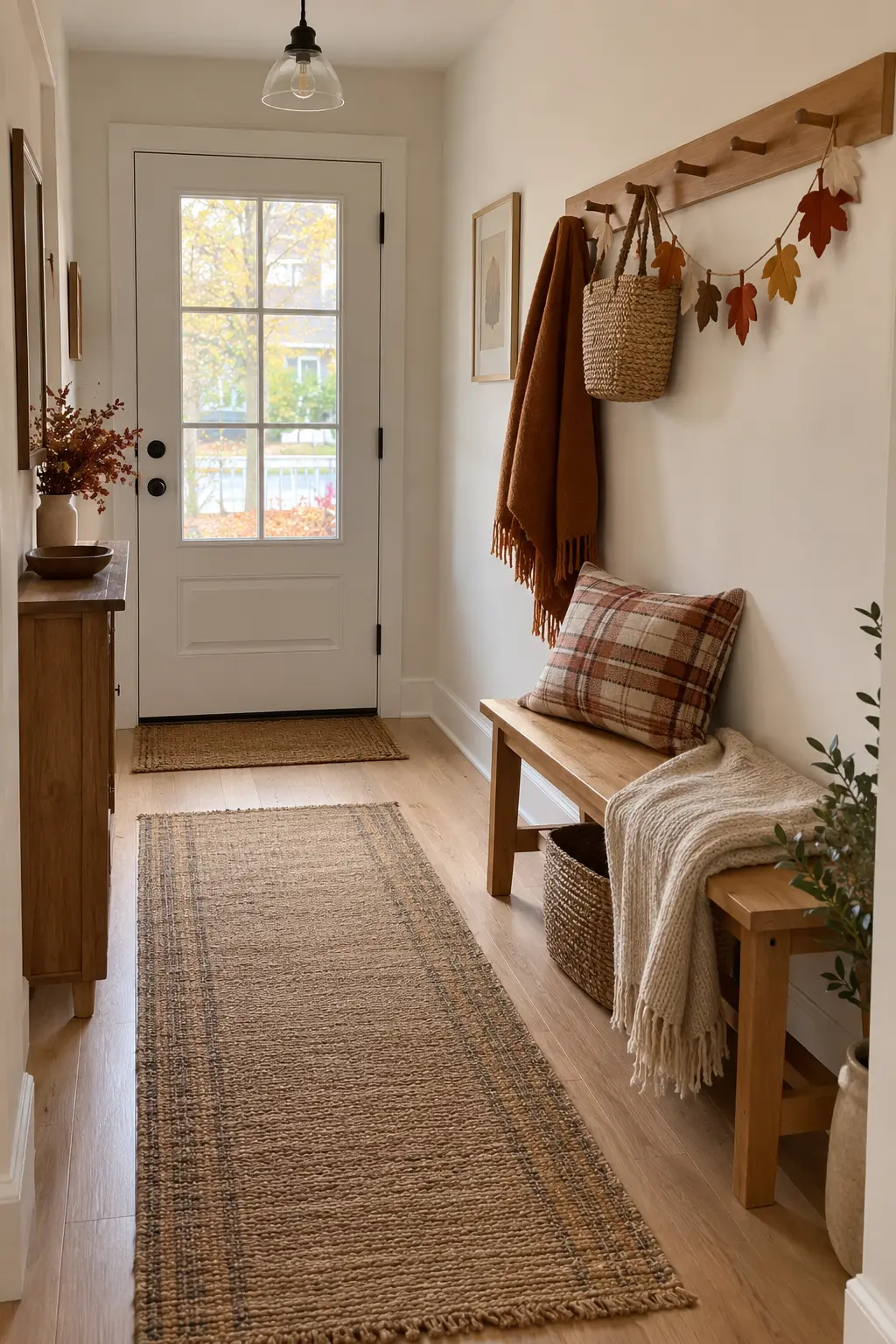 Small rental entry with oak peg rail, plaid cushion, basket, throw, and felt leaf garland