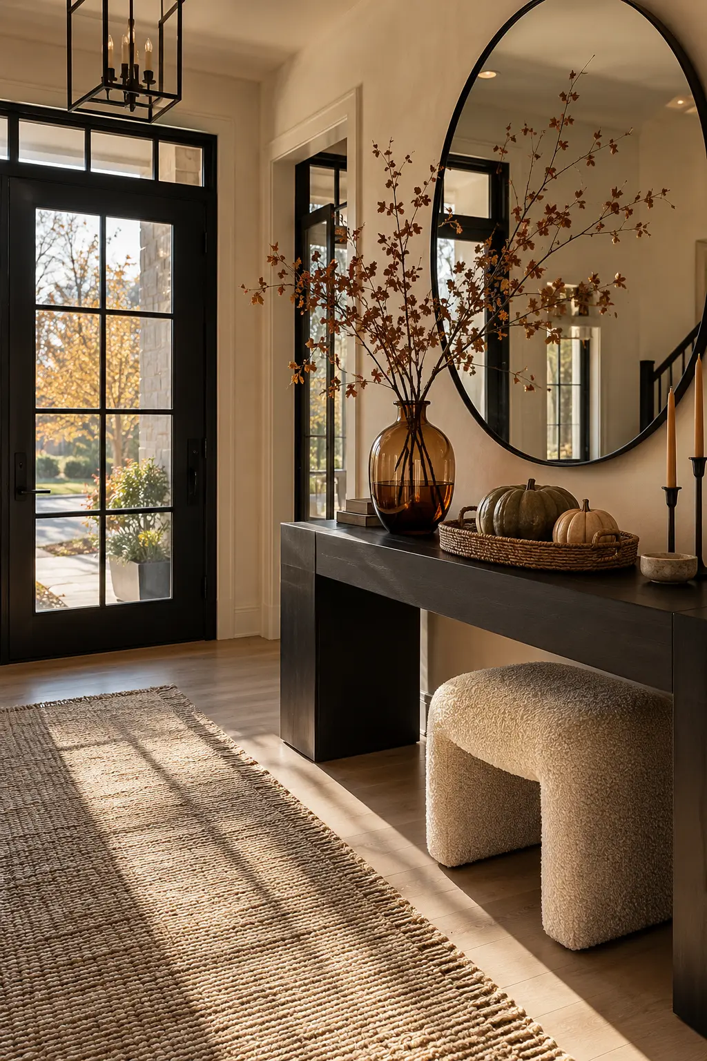 Modern entry with a matte black console, amber glass vase, round mirror, heirloom pumpkins, and boucle stool