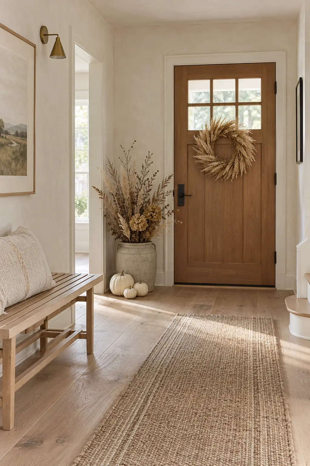 Scandinavian foyer with pale oak bench, wheat wreath, dried grasses, white pumpkins, and jute runner