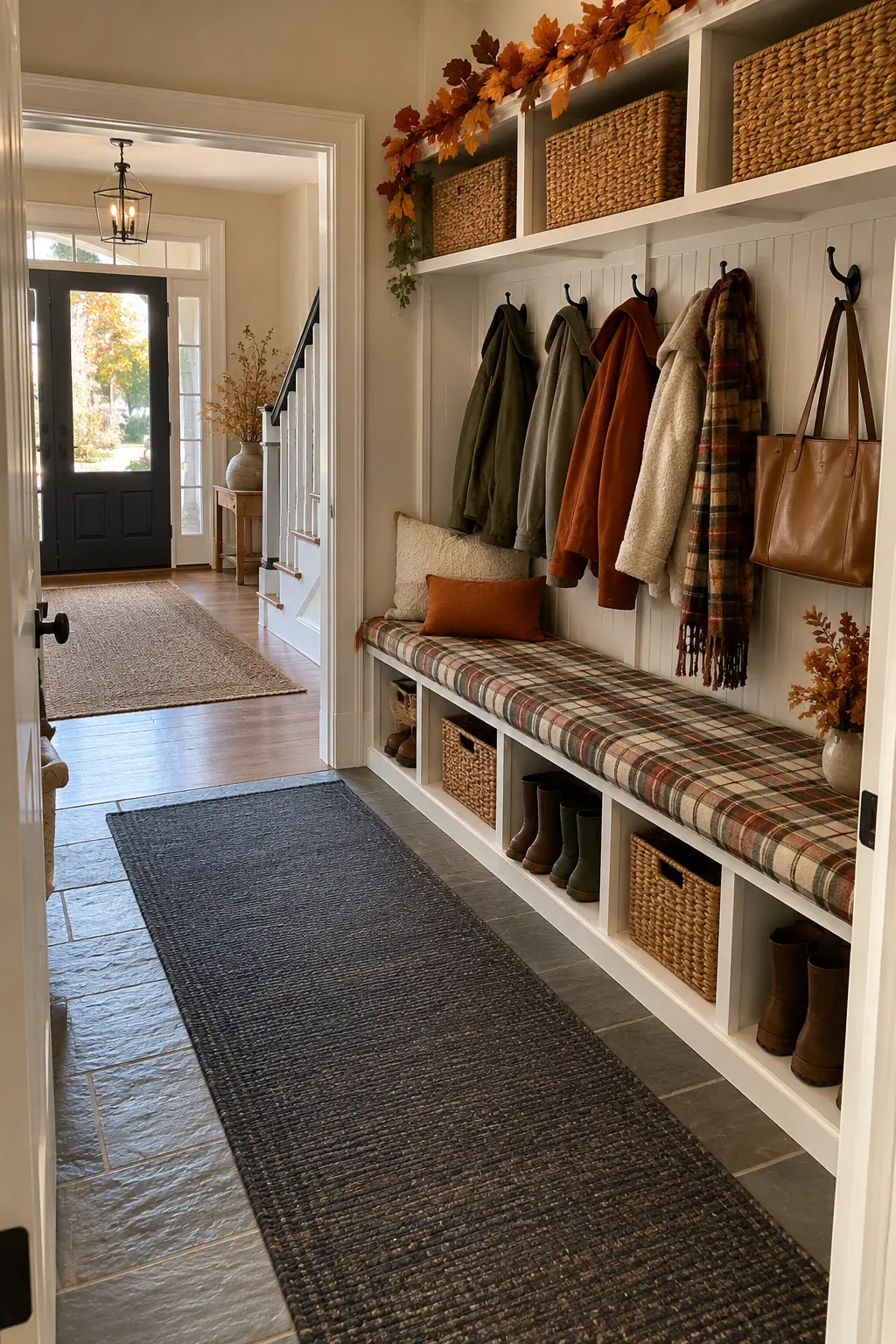 Family mudroom with plaid bench cushion, baskets, boots, coats, dark runner, and leaf garland