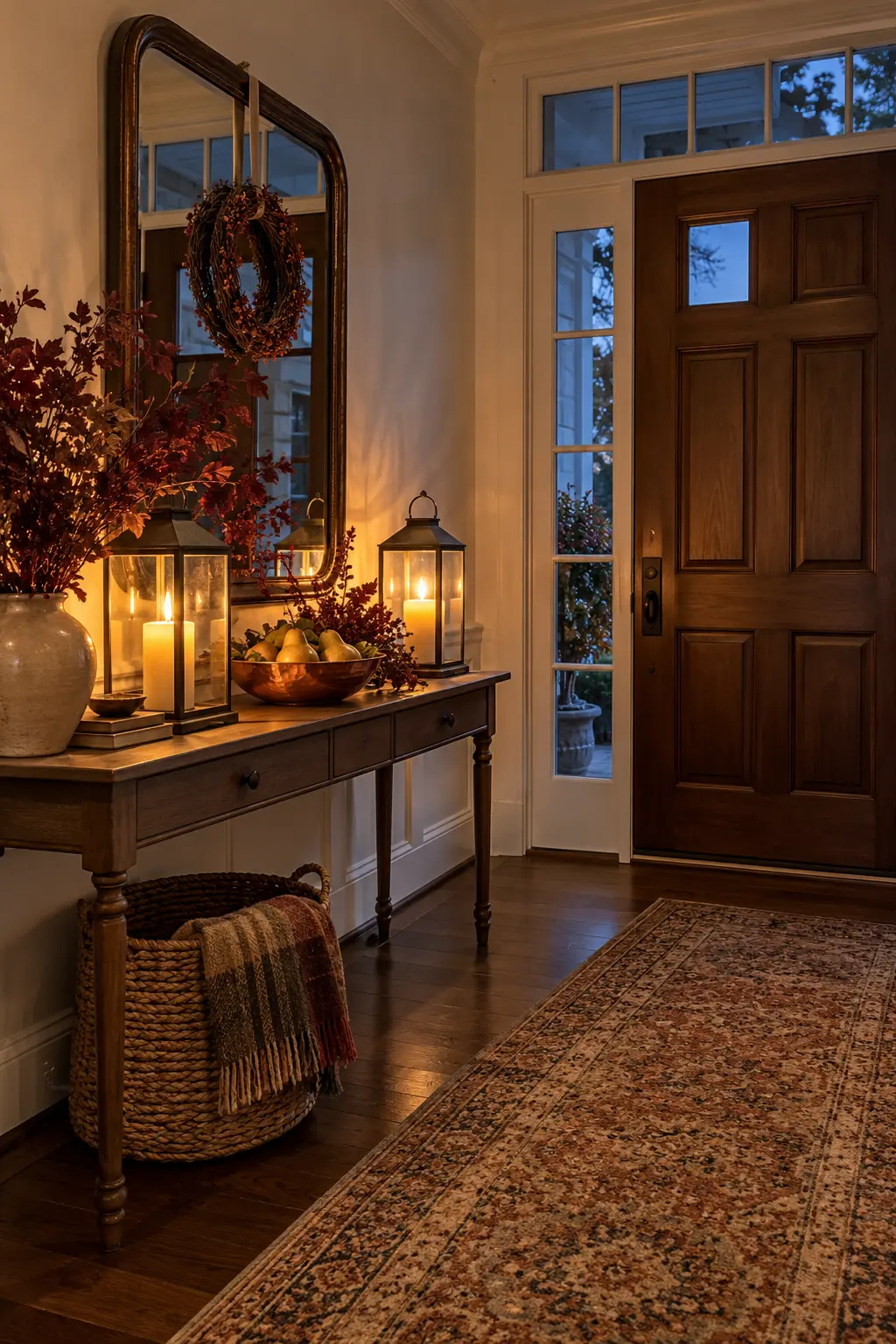 Traditional Thanksgiving entryway at blue hour with enclosed lanterns, copper pear bowl, wreath, and warm runner