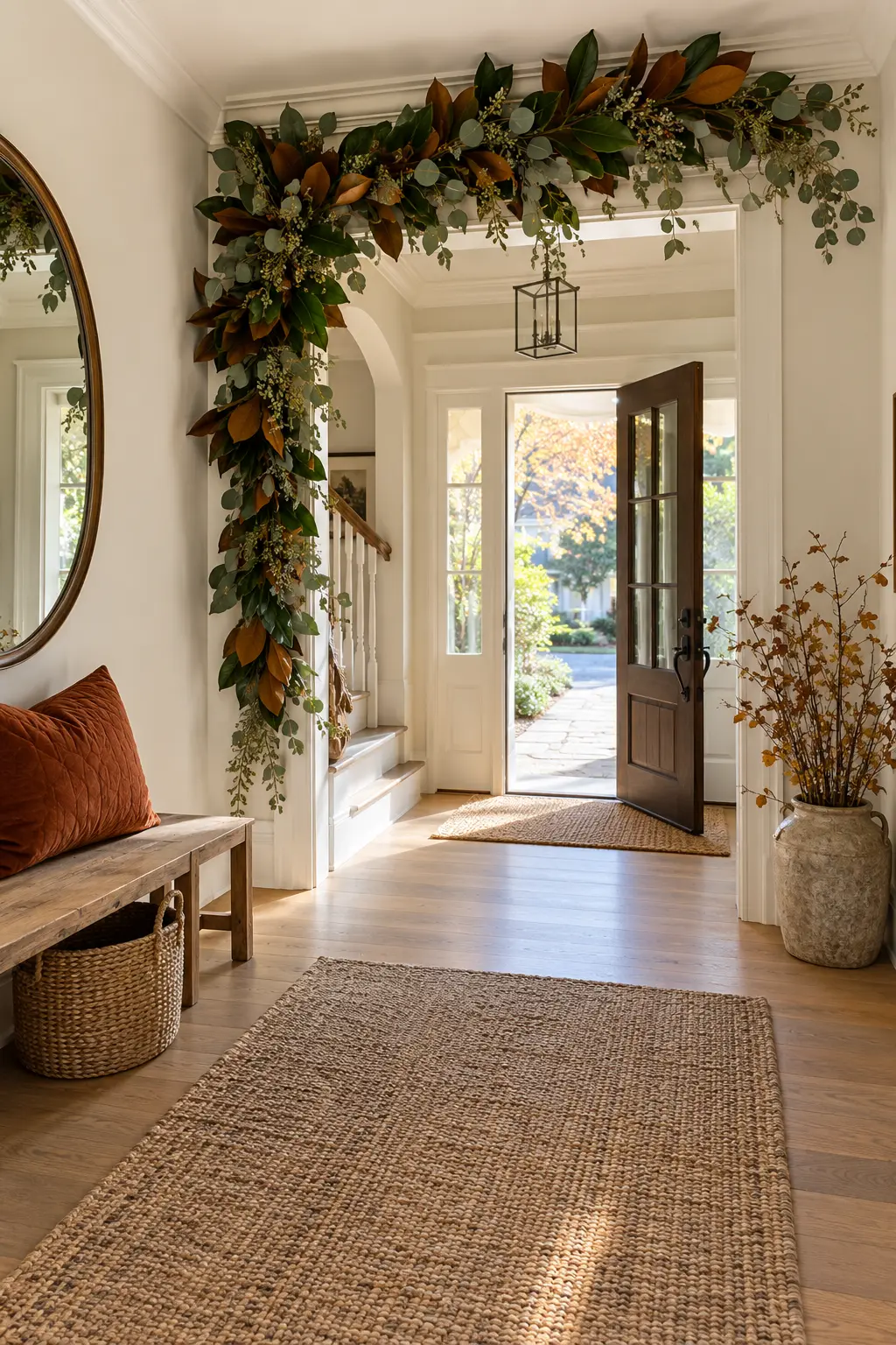 Airy entryway with a magnolia and eucalyptus doorway garland, bench, rust pillow, basket, and branches