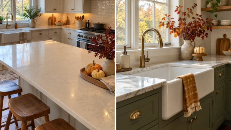 Thanksgiving kitchen island tray beside a sink corner filled with russet branches
