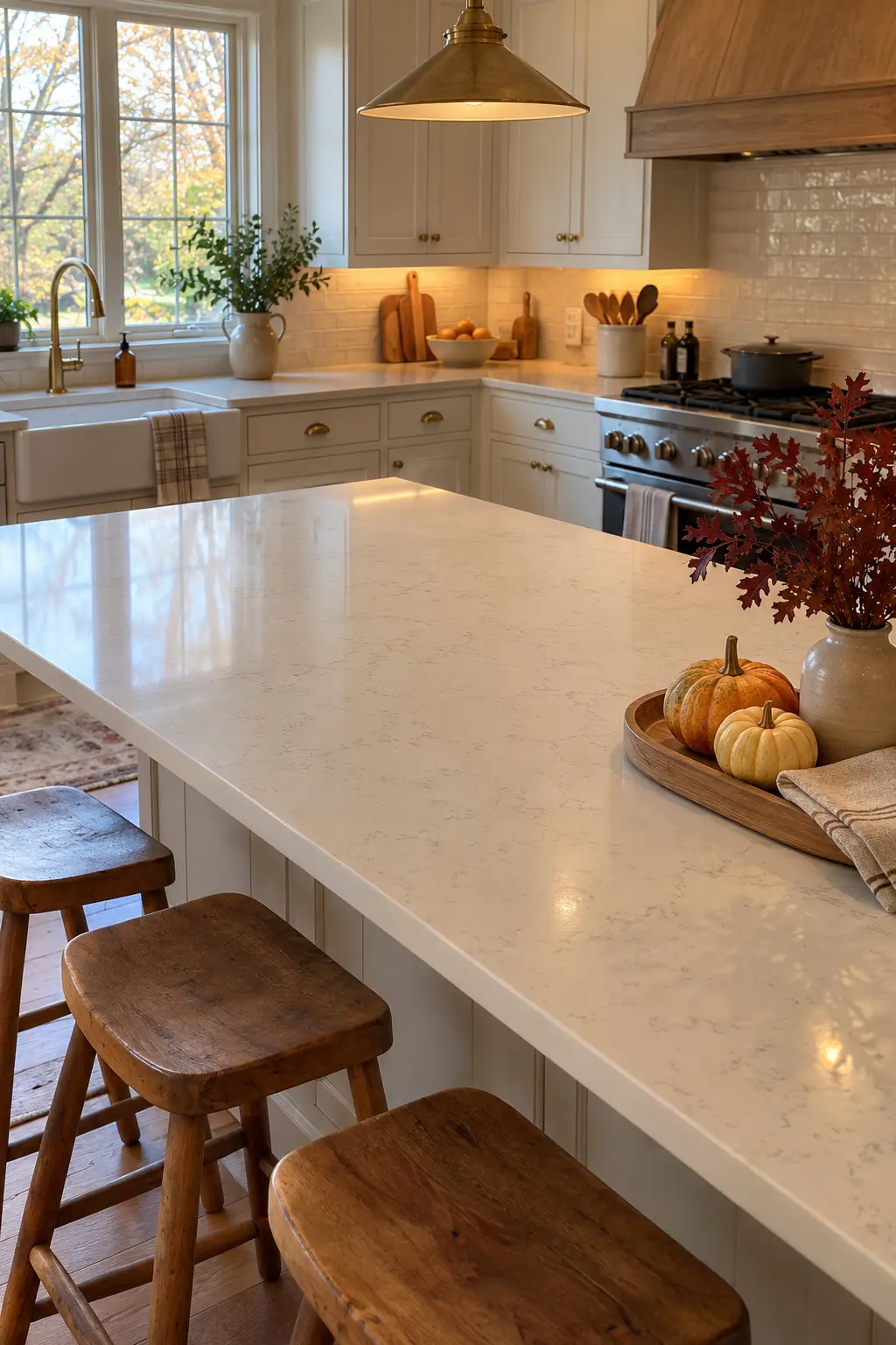 Thanksgiving kitchen island with a shallow wood tray, pears, mini pumpkins, and clipped autumn branches
