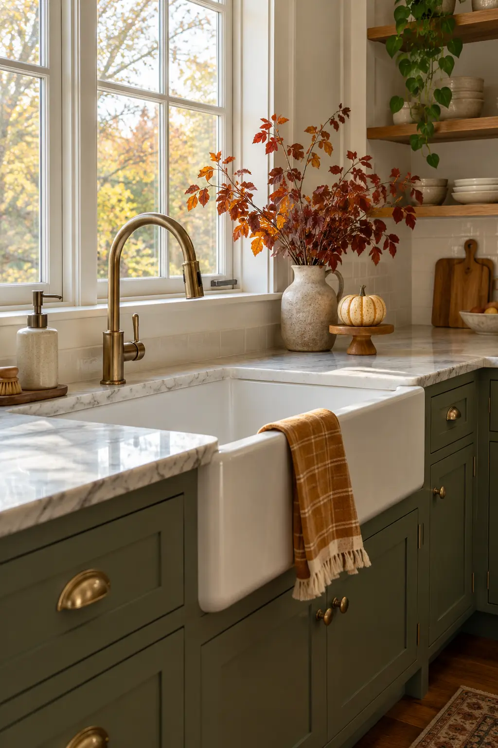 Bright kitchen sink corner with a stoneware vase of russet branches and clear working space