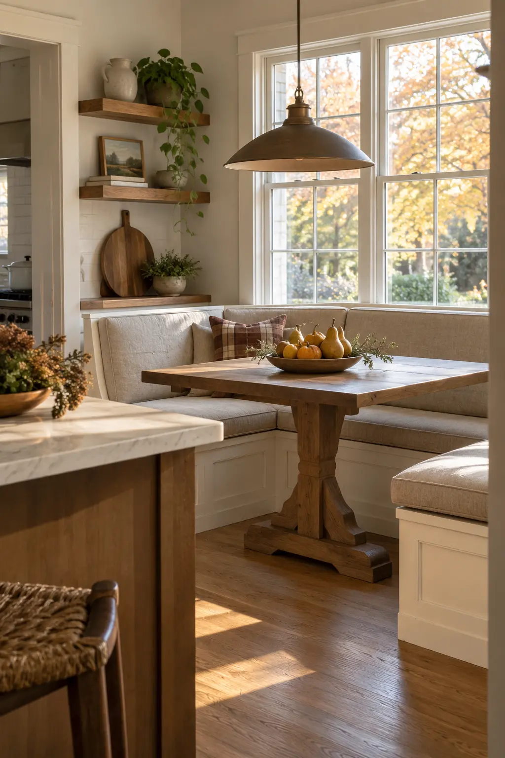 Kitchen breakfast nook with muted plaid cushions, warm wood, and a low harvest centerpiece