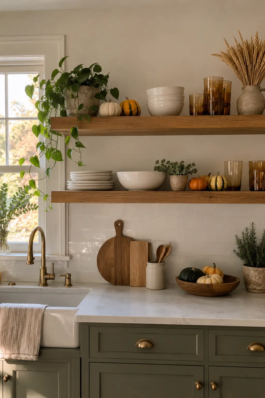 Open kitchen shelves styled with amber glass, white dishes, wood boards, and autumn stems