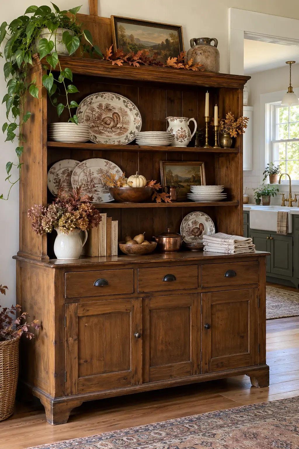 Vintage kitchen hutch with stacked cream dishes, autumn branches, pumpkins, and woven baskets