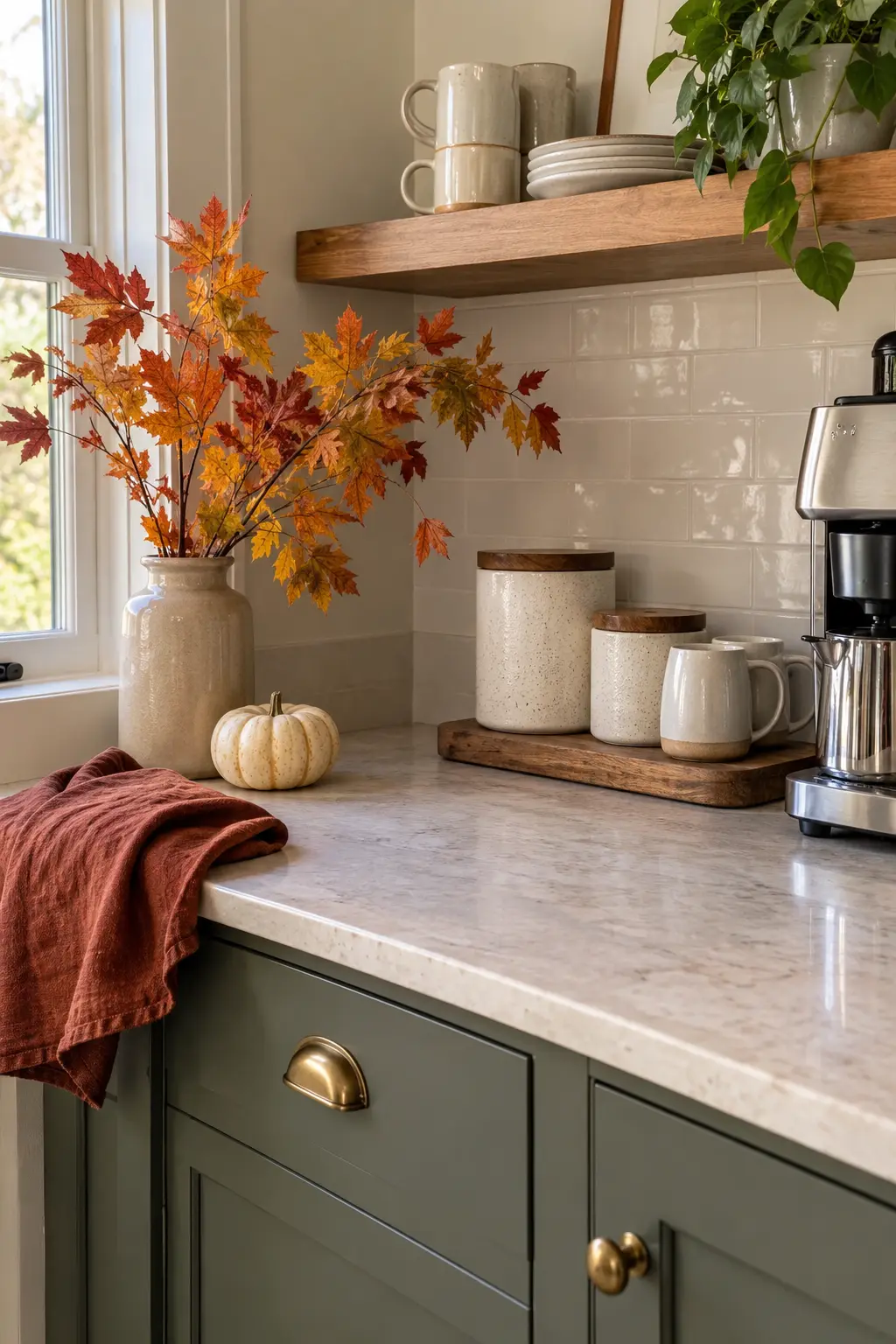Kitchen coffee station with mugs, canisters, maple branches, and a clear appliance zone