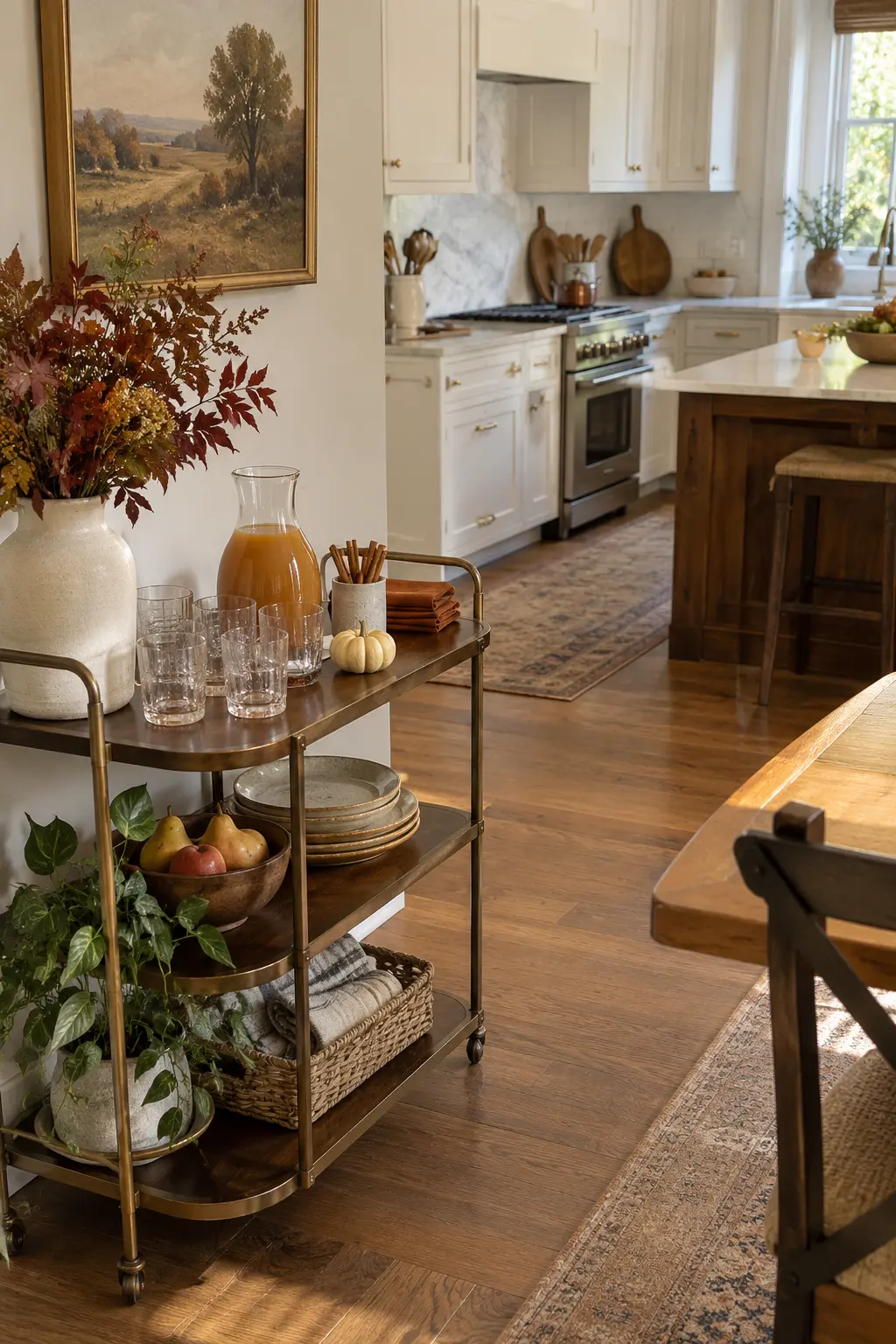 Compact kitchen beverage cart prepared for apple cider with mugs, cinnamon, and restrained autumn decor