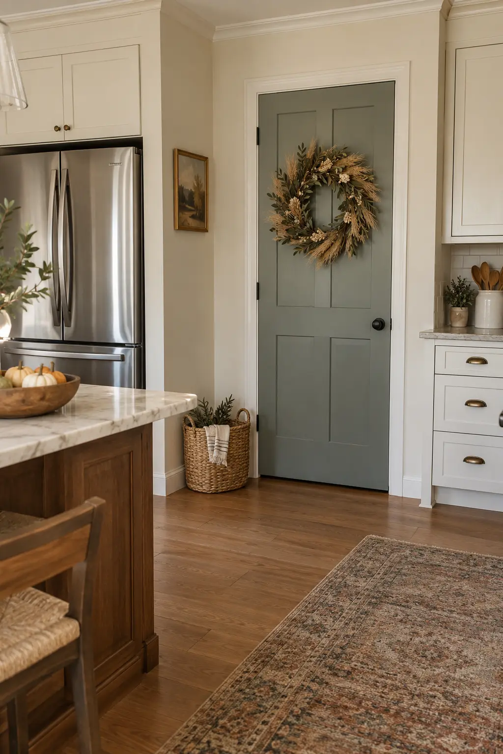 Kitchen pantry door with a simple wheat wreath and narrow burgundy ribbon