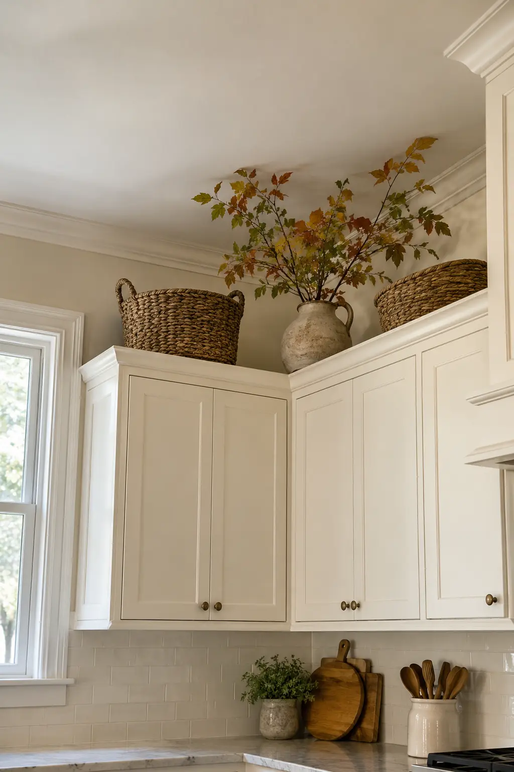 Kitchen cabinet tops with woven baskets, sparse autumn branches, and generous negative space
