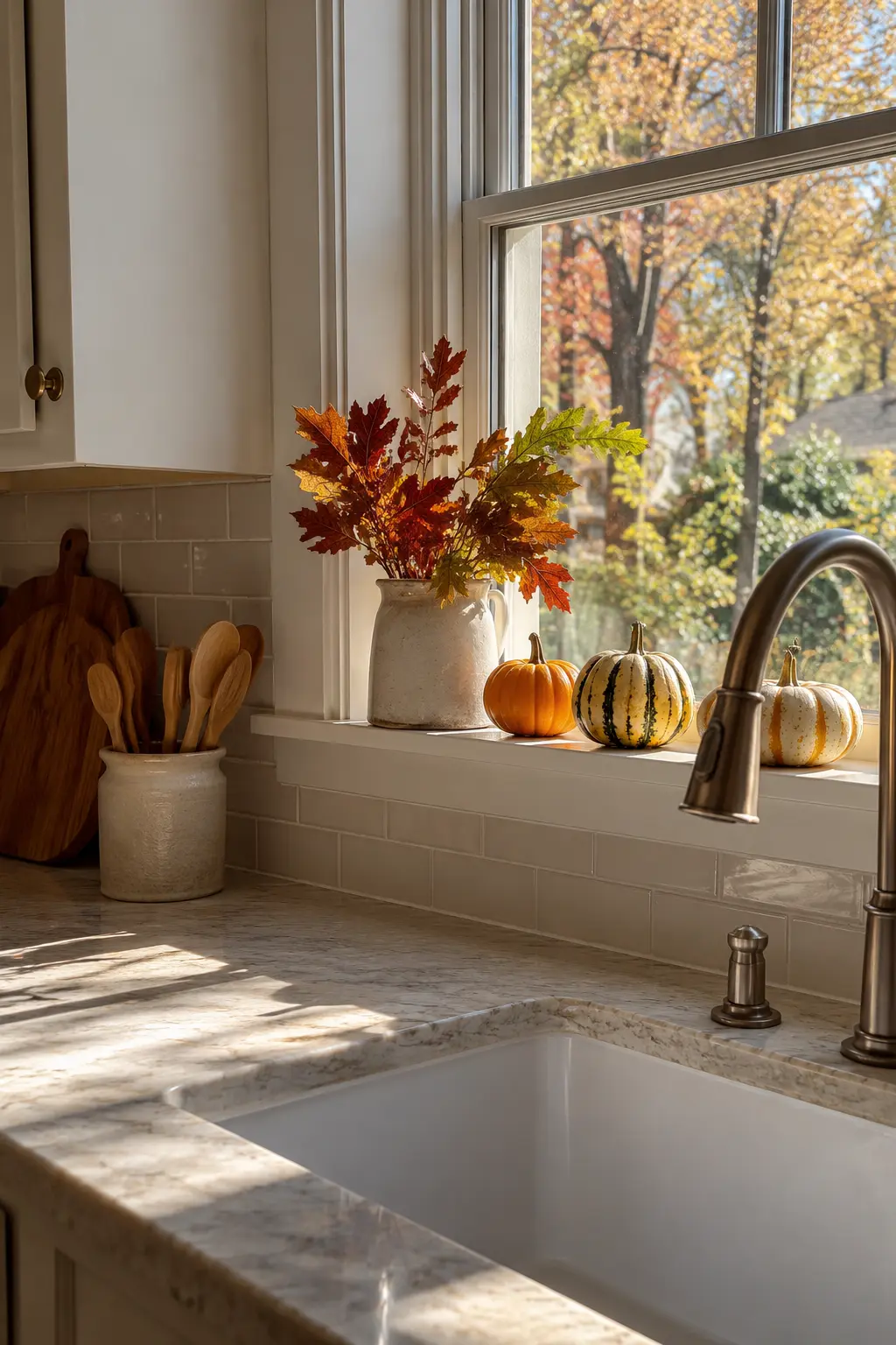 Kitchen window ledge with a few miniature gourds, herbs, and an unobstructed view