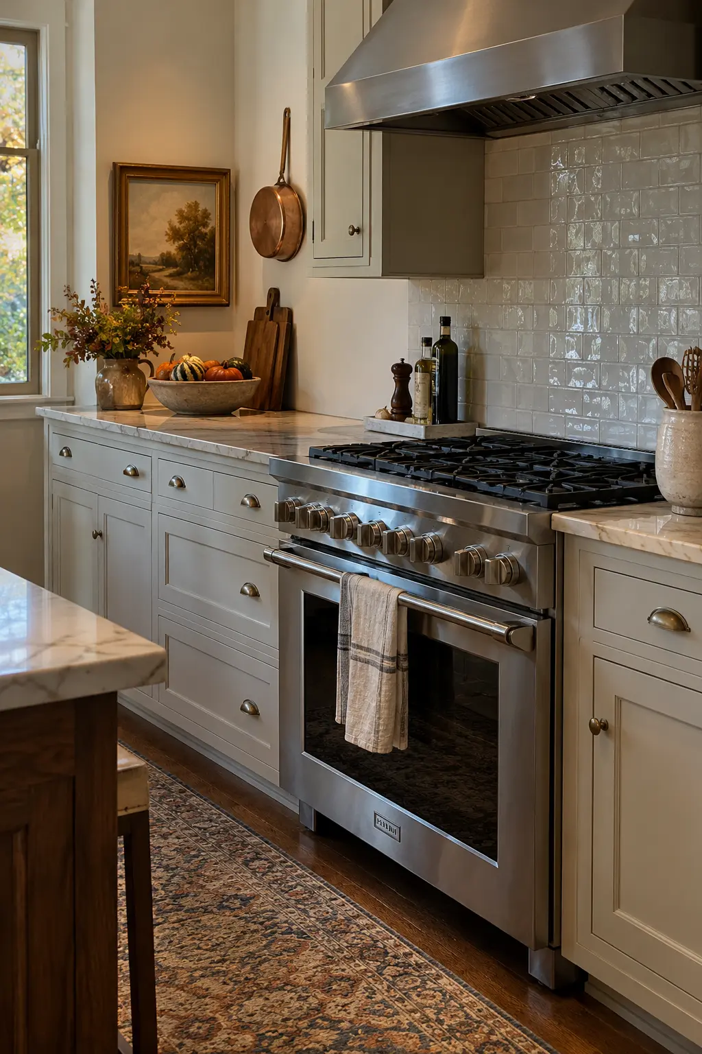 Kitchen range area with a fall landscape placed safely beyond the cooking clearance