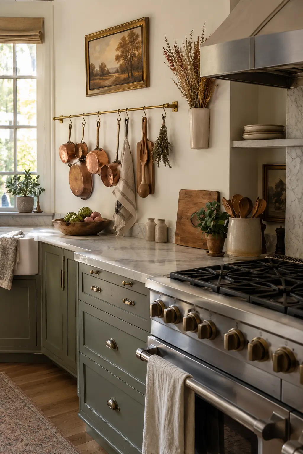 Kitchen wall with copper cookware rail and a single secure vase of autumn foliage