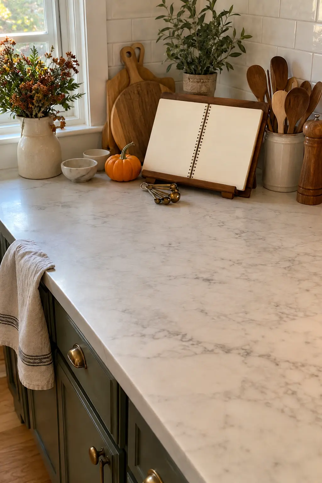 Kitchen counter with a cookbook stand, folded linen, branch sprig, and open prep space
