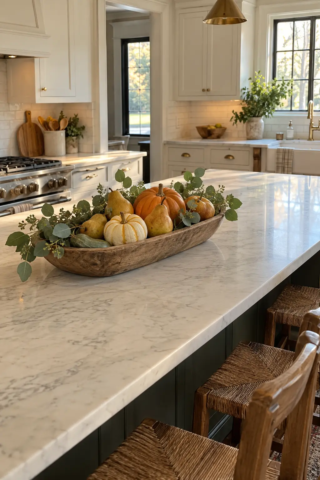 Low dough bowl on a kitchen island filled with pears, gourds, nuts, and autumn foliage
