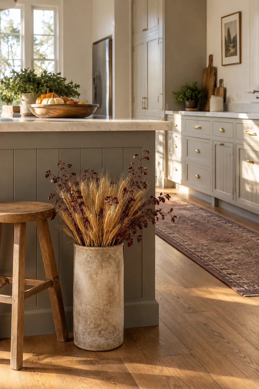 Kitchen cabinet end styled with a narrow wheat vase and clear walkway