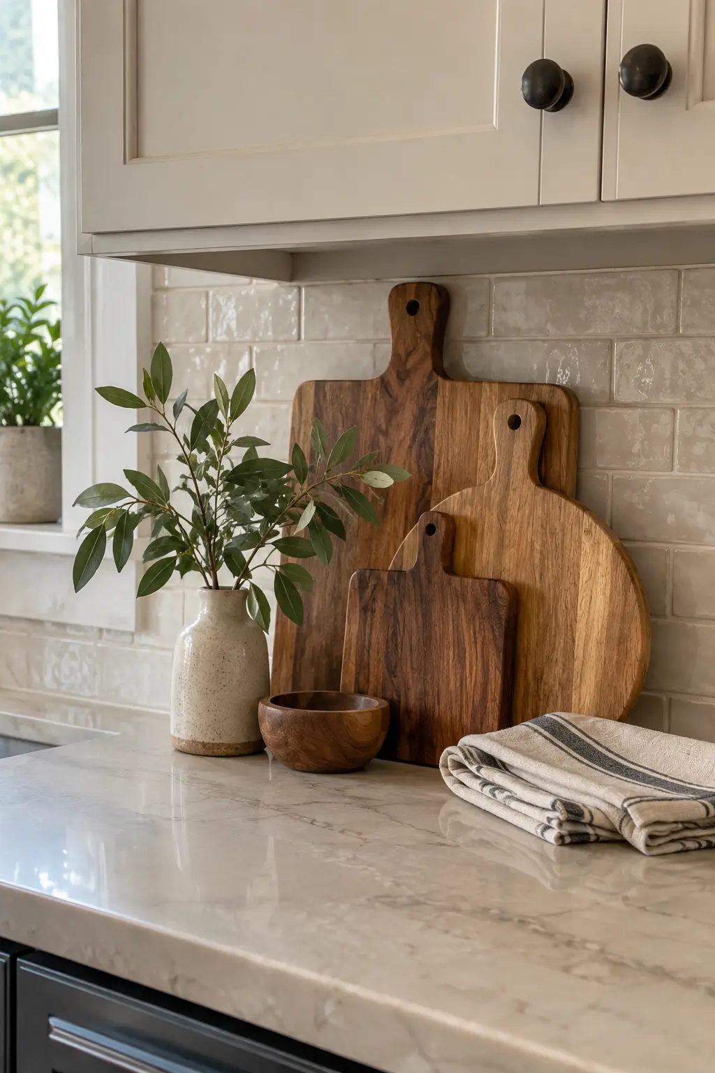 Kitchen backsplash with layered cutting boards, a rust linen, and a restrained leafy branch
