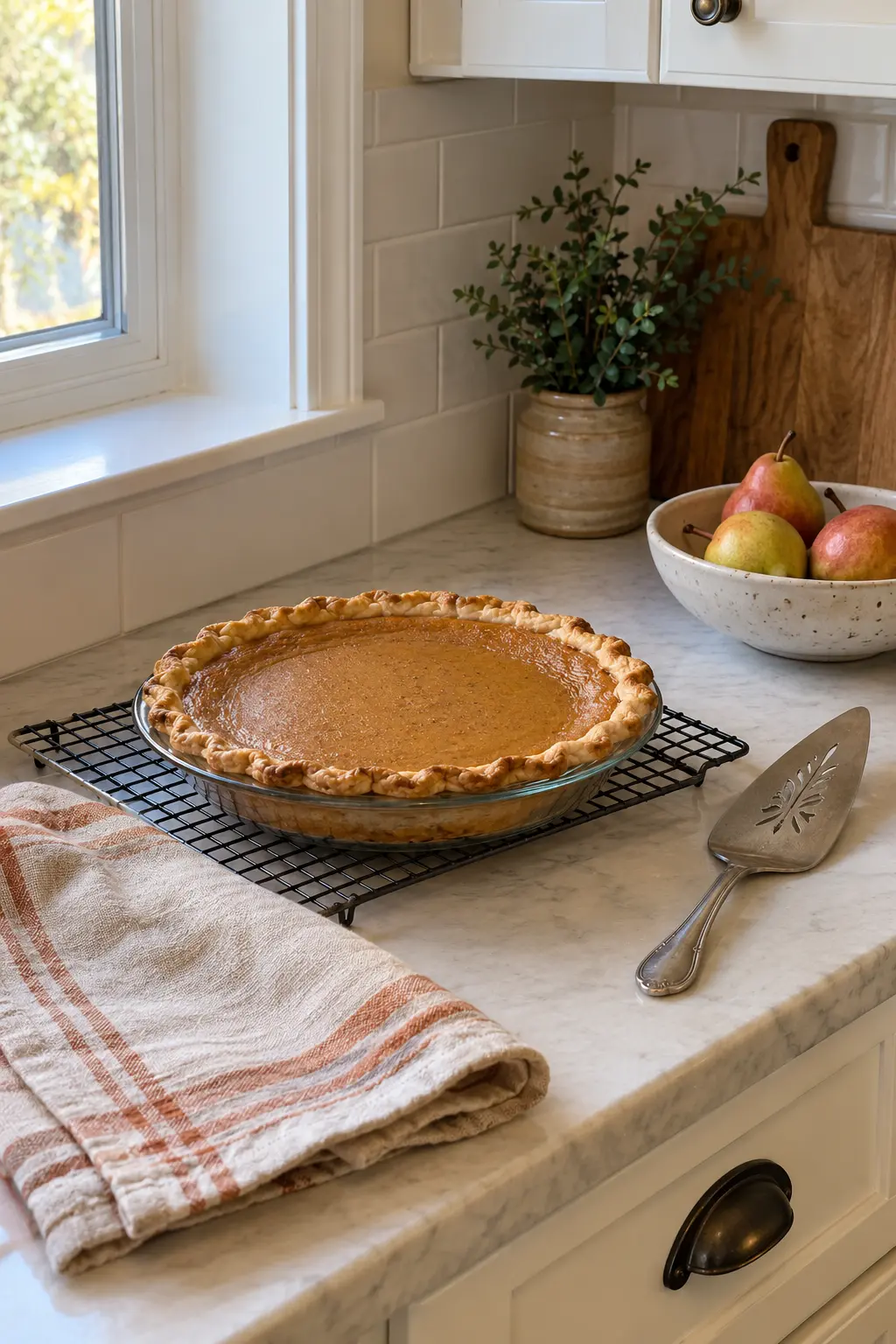 Thanksgiving kitchen side counter with a pie cooling safely on a rack beside linens and branches