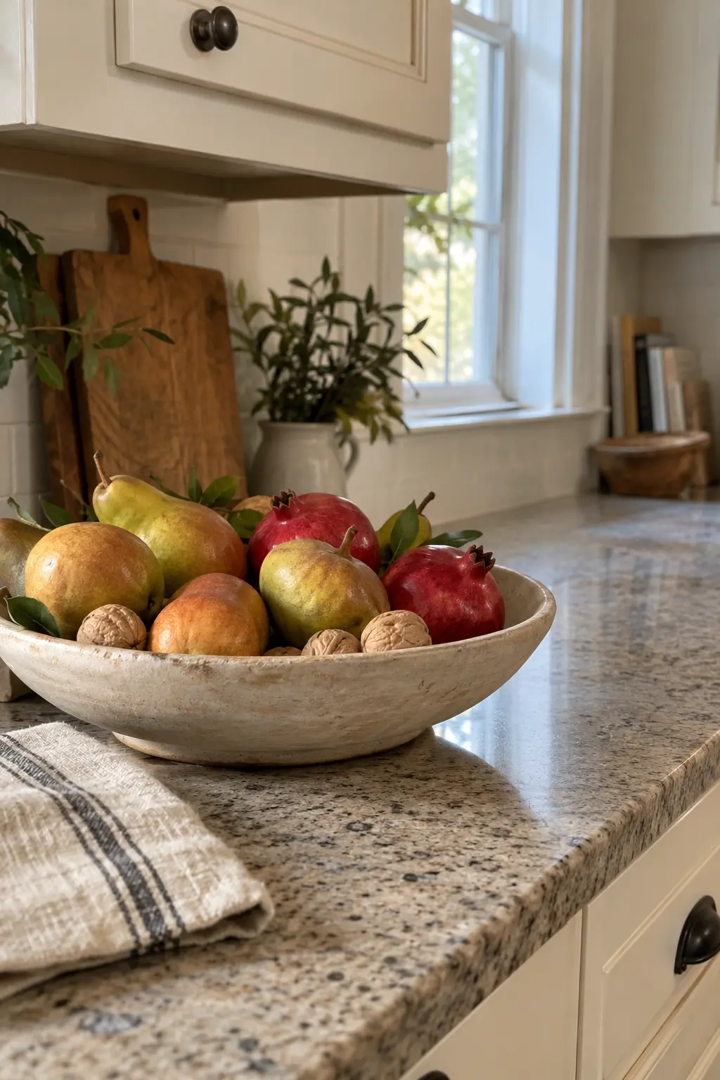 Wooden fruit bowl on a kitchen island filled with pears, apples, and walnuts