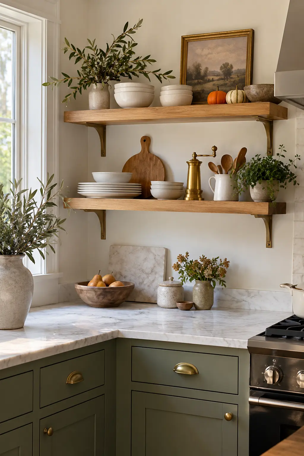 Open kitchen shelves arranged with wood boards, brass accents, white dishes, and sparse foliage