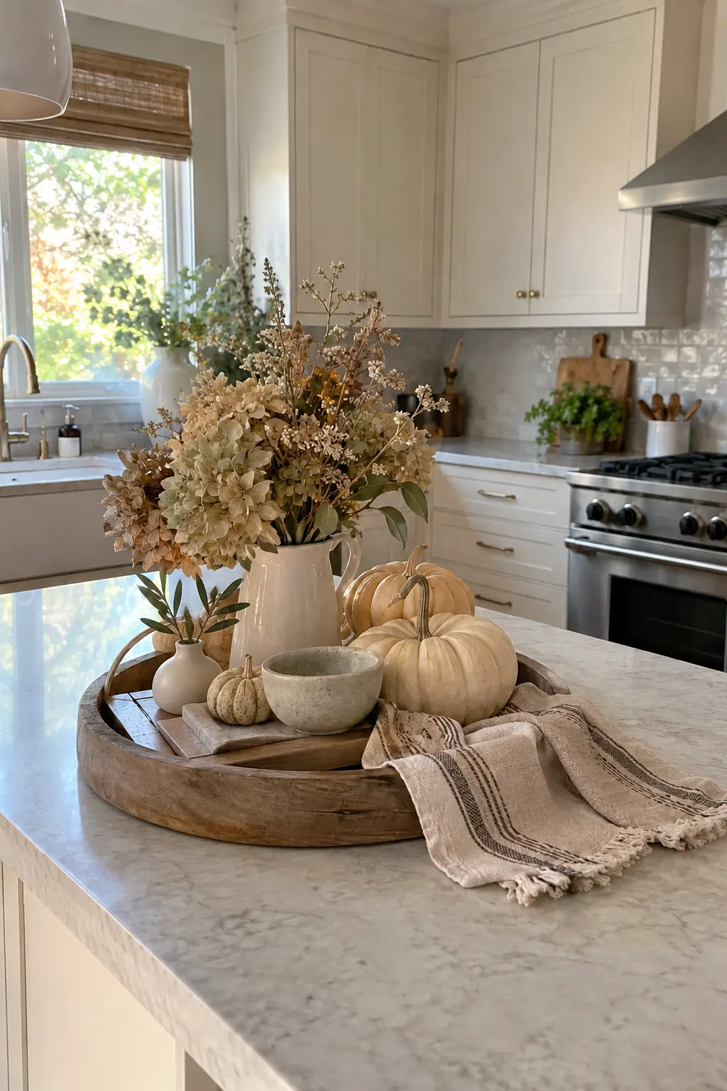 Neutral Thanksgiving kitchen island tray with cream gourds, stoneware, and taupe linen
