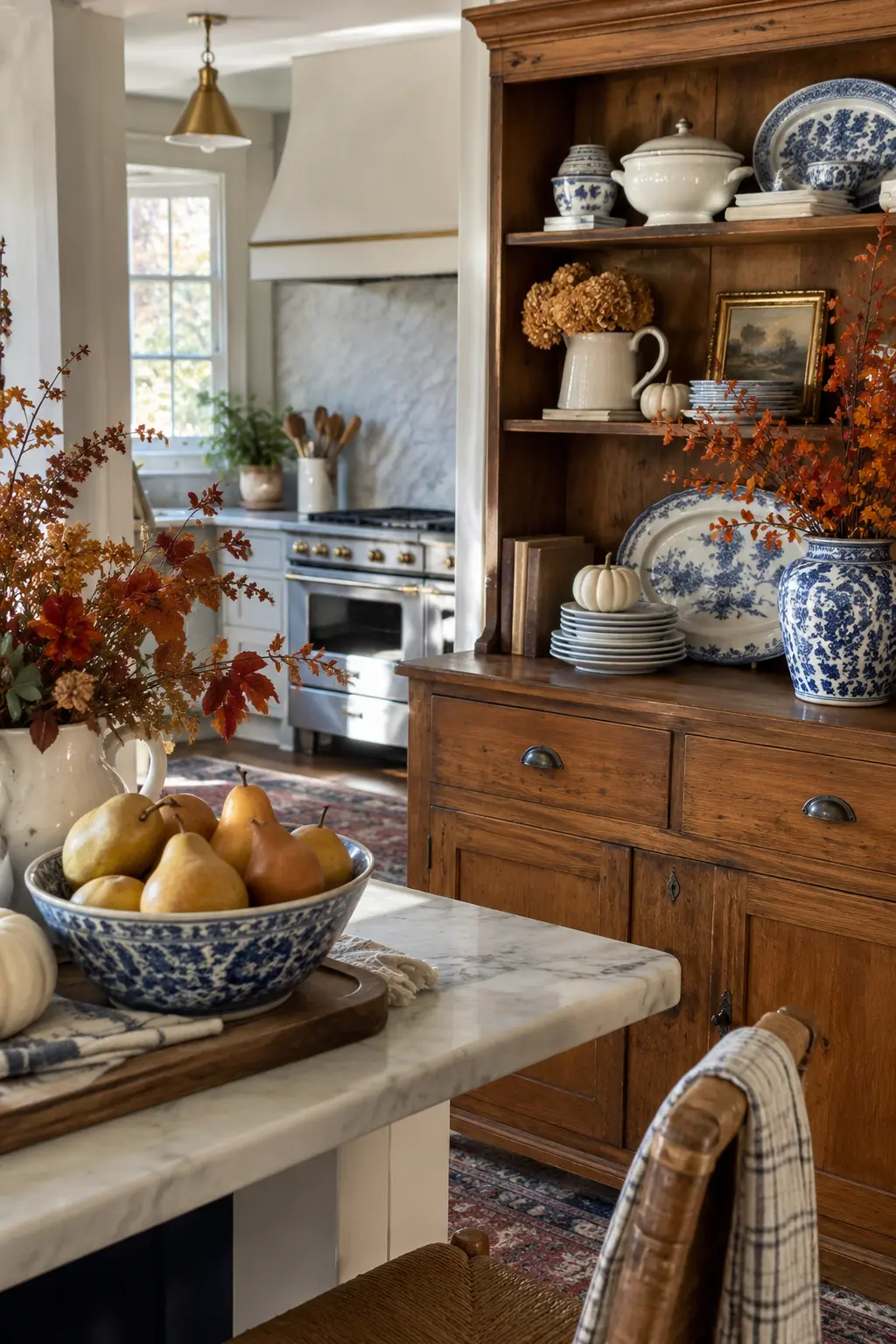 Blue-and-white kitchen hutch with cream dishes, amber branches, and small pumpkins