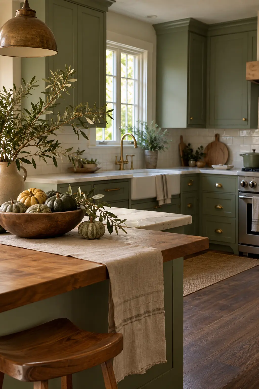 Sage and olive Thanksgiving kitchen with green linens, herbs, wood, and pale gourds