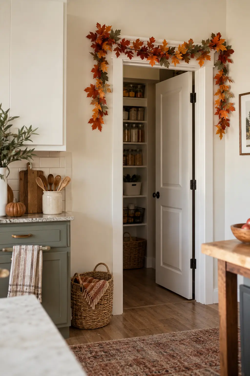 Rental kitchen pantry door with a lightweight autumn garland attached without visible damage
