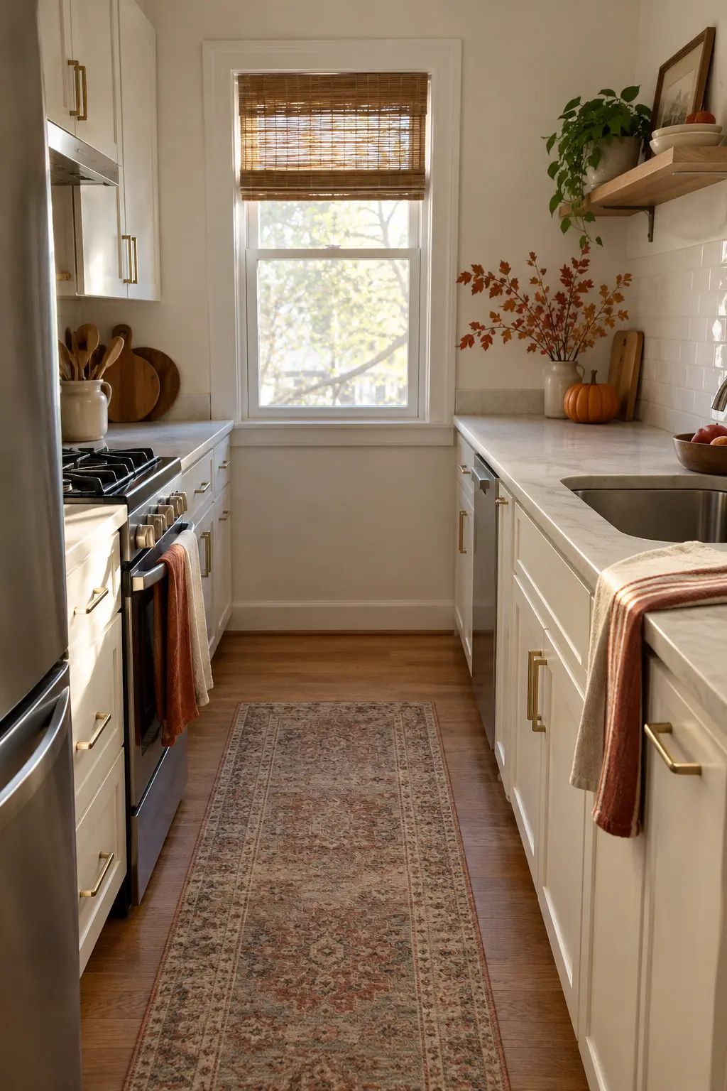 Small galley kitchen with one compact autumn vignette and clear counters