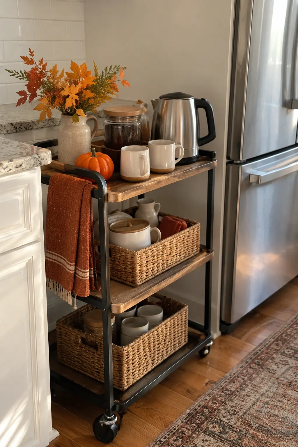 Apartment kitchen rolling cart set up as a coffee station with mugs and restrained harvest accents