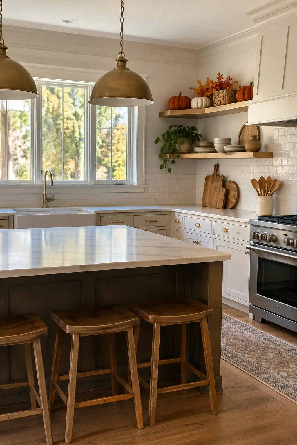 Thanksgiving kitchen with fragile decor secured on a high shelf above a clear family work zone