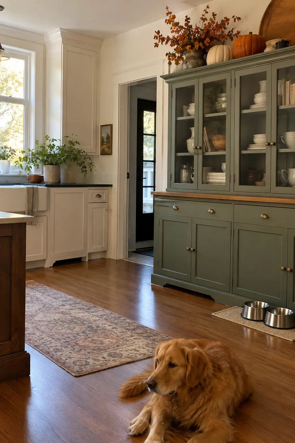 Kitchen hutch with autumn decor placed high above a pet-accessible floor and counter edge
