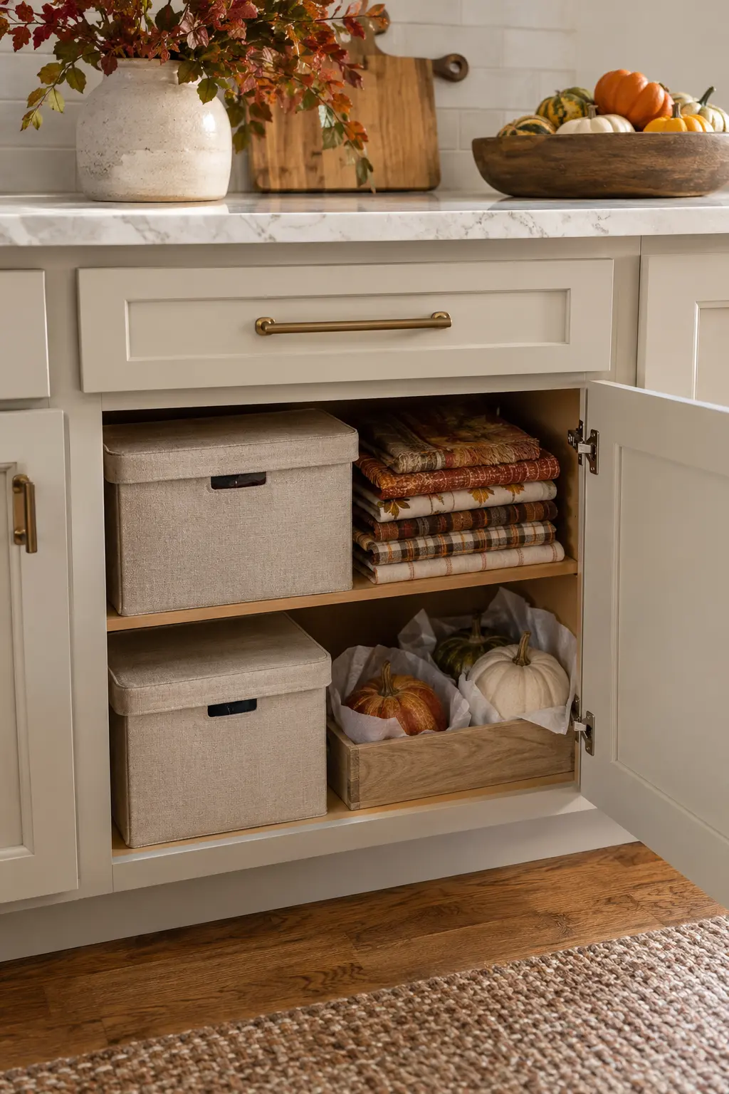 Organized kitchen cabinet storing labeled seasonal linens, small wreaths, and Thanksgiving decor