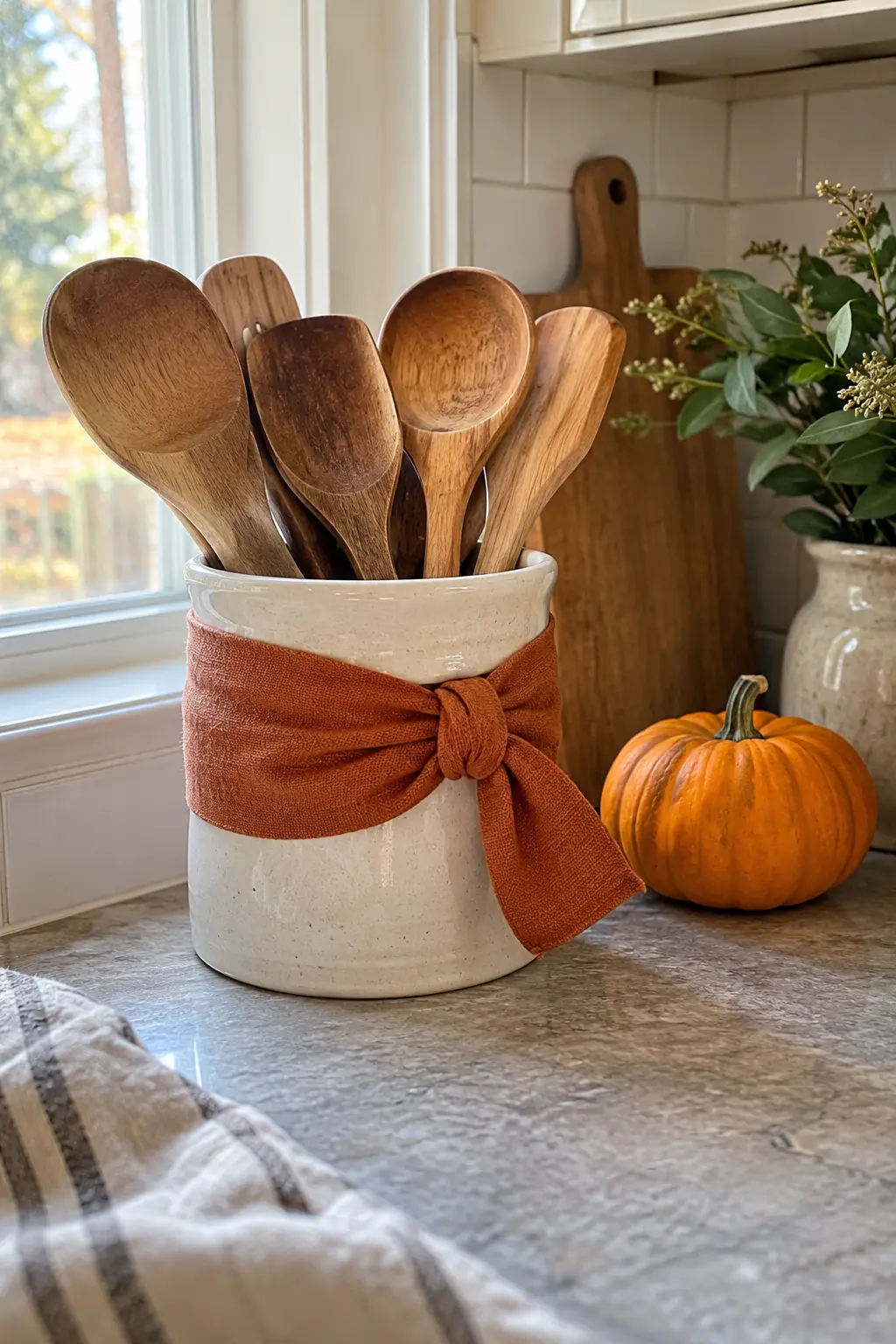 Kitchen utensil crock wrapped with a simple rust linen band beside a clear prep counter
