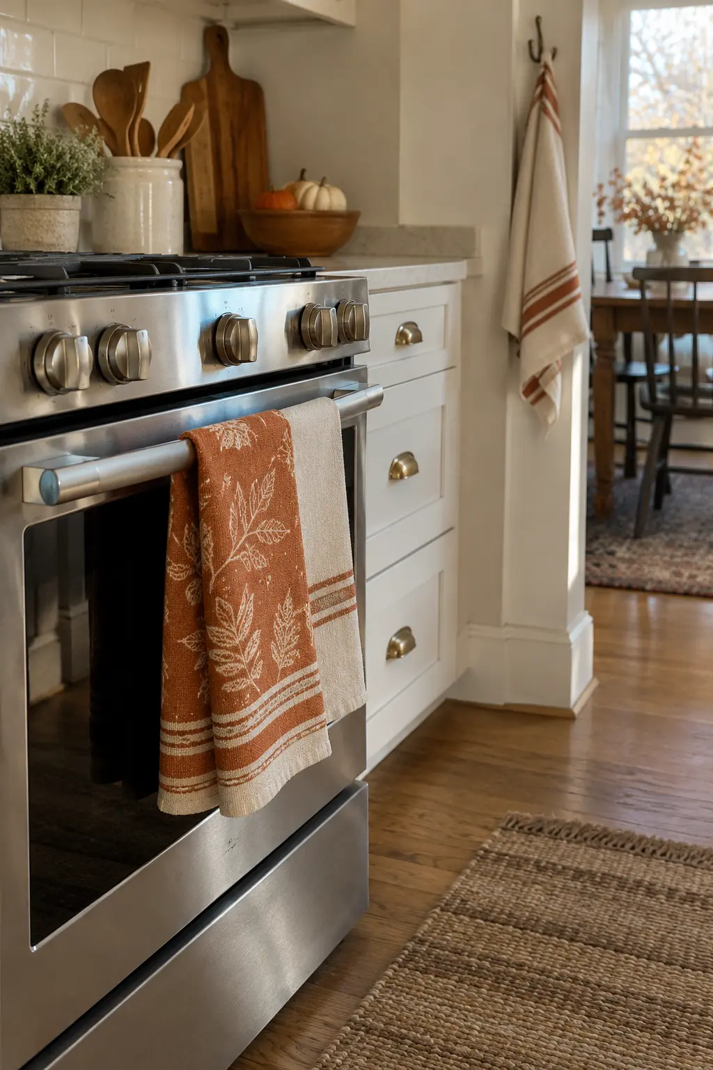 Kitchen range with neatly folded rust and cream towels on the oven handle