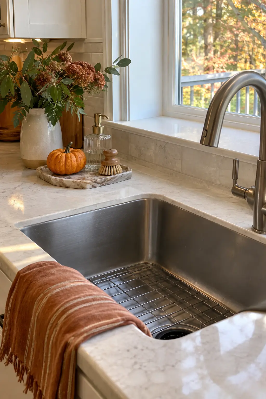Kitchen sink with a compact stone soap tray, brush, folded cloth, and tiny autumn stem