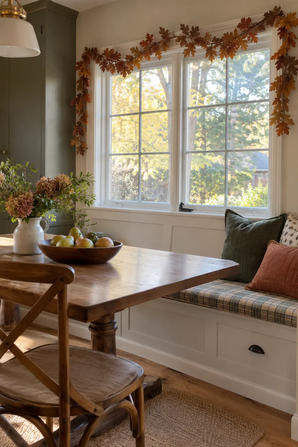 Breakfast nook window framed by a restrained autumn leaf garland with a clear sill