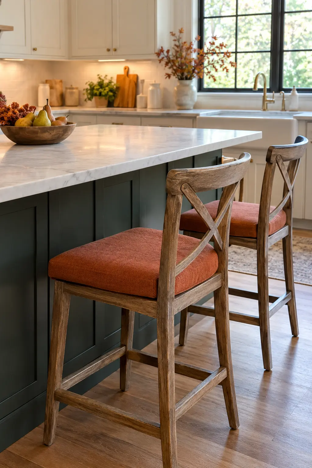 Kitchen island stools with tailored rust seat cushions and an uncluttered counter