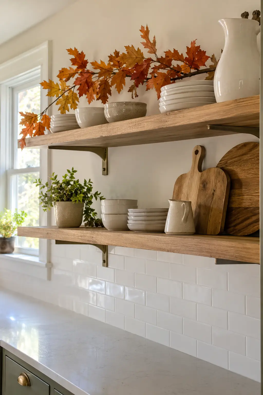Open kitchen shelves with a light autumn garland, white dishes, and clear shelf access