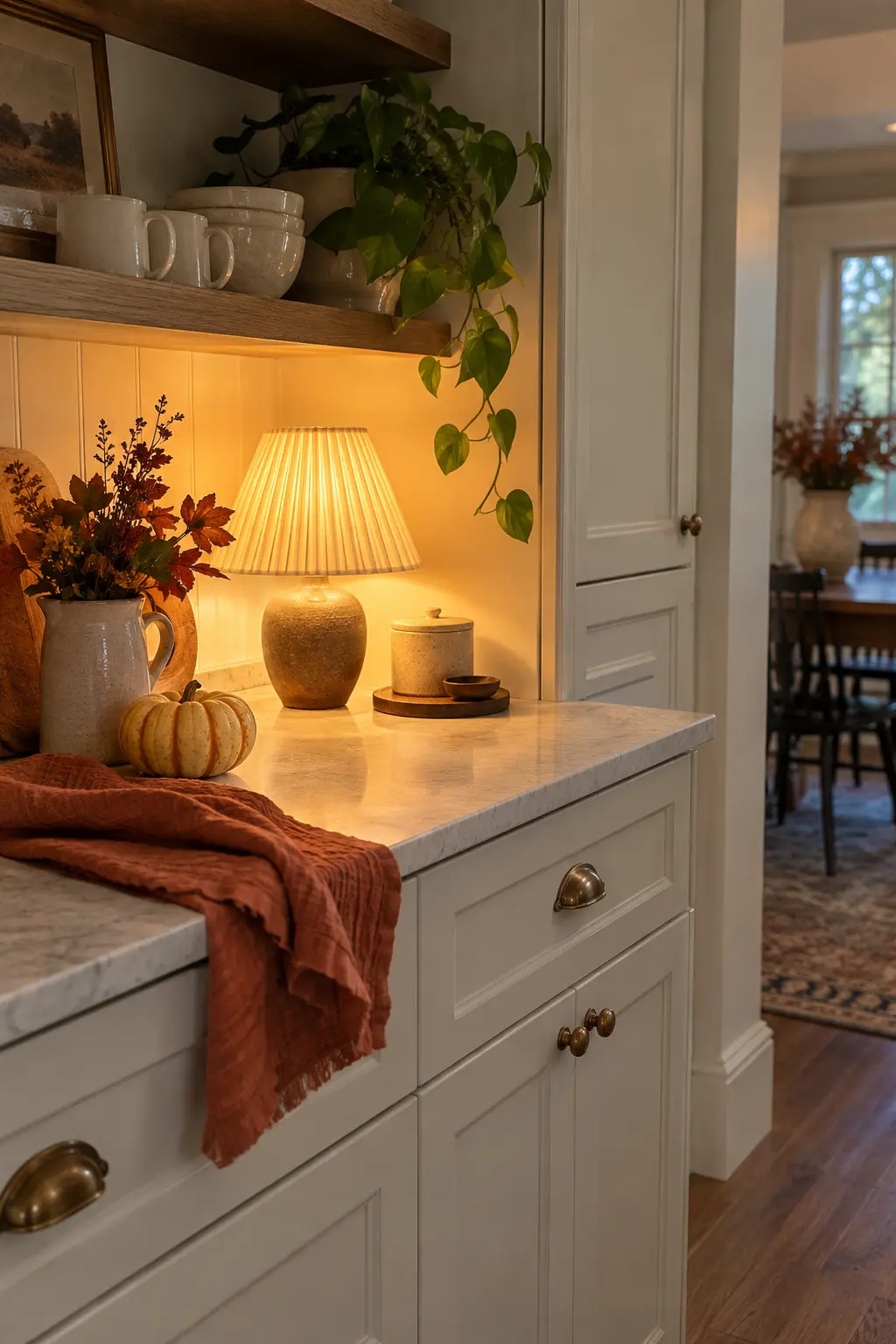 Kitchen counter corner with a small shaded task lamp, autumn branches, and clear workspace