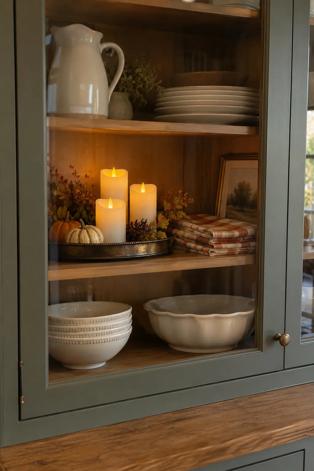 Glass kitchen hutch with flameless pillar candles, folded linens, and small gourds
