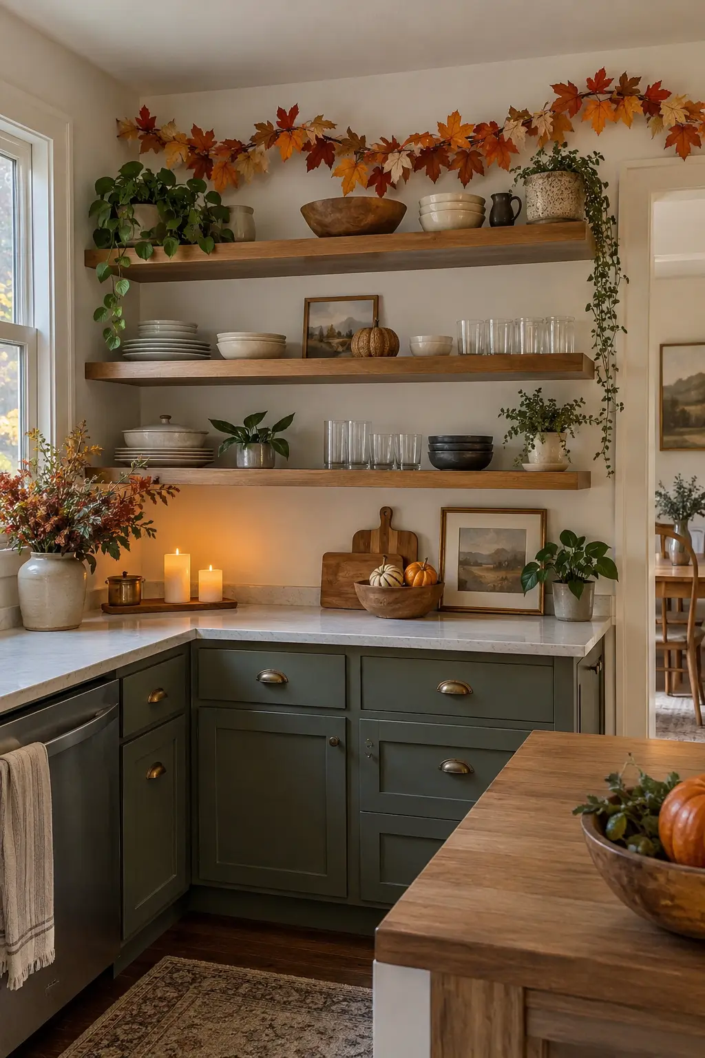 Thanksgiving kitchen with a sparse leaf garland above open shelves and clear counters