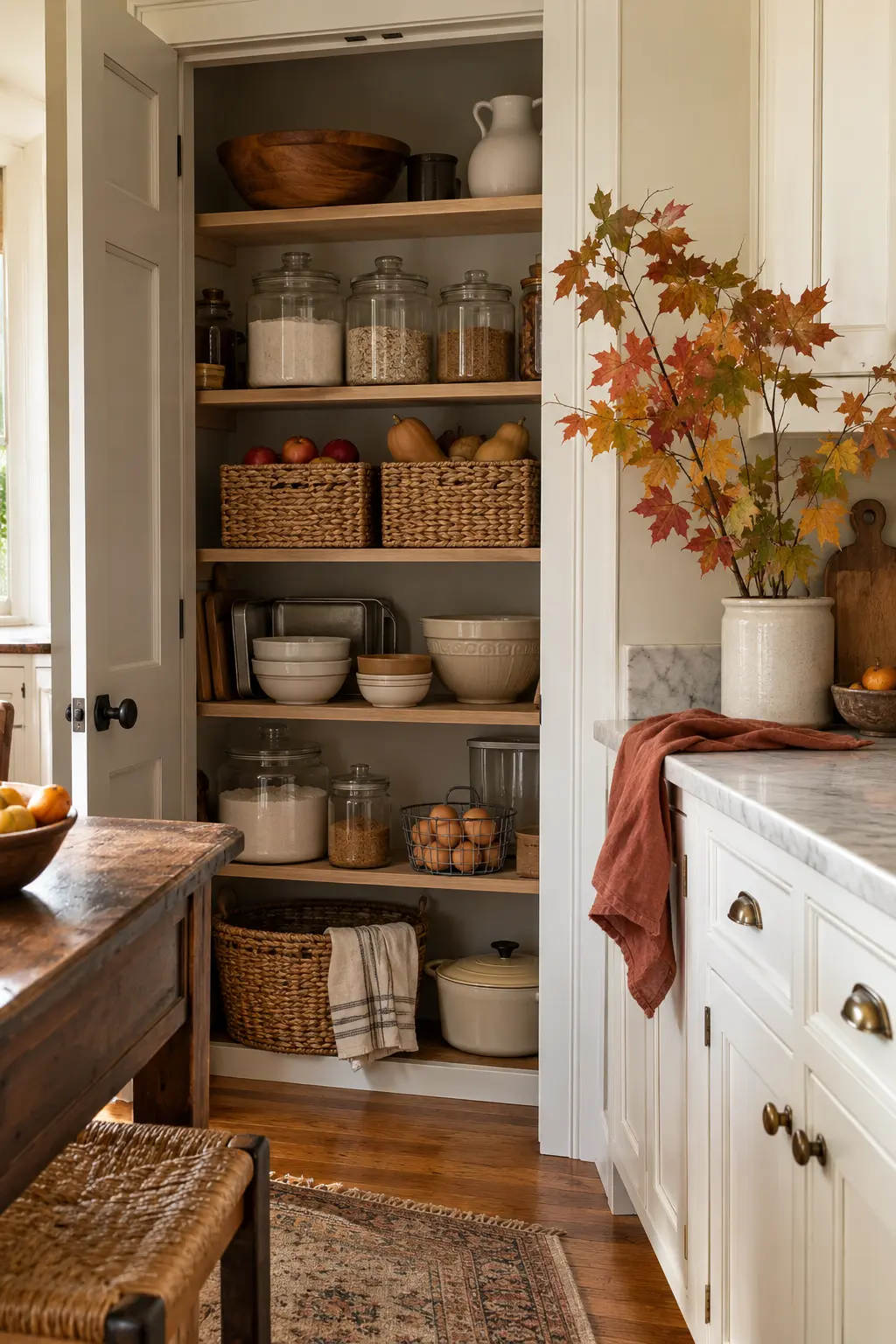 Open kitchen pantry organized with baking canisters, woven baskets, stoneware, and maple branches